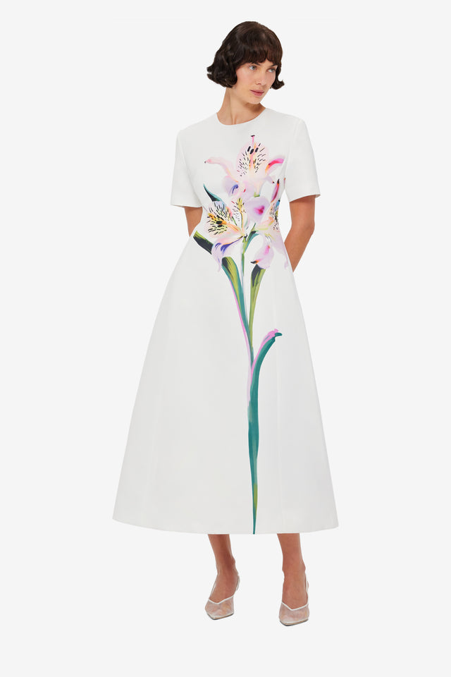 Exclusive LEO LIN Caroline Short Sleeve Midi Dress - Lily Print in Snow