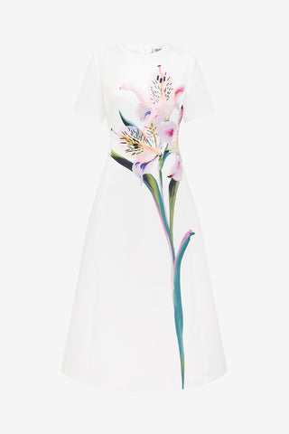 Exclusive LEO LIN Caroline Short Sleeve Midi Dress - Lily Print in Snow