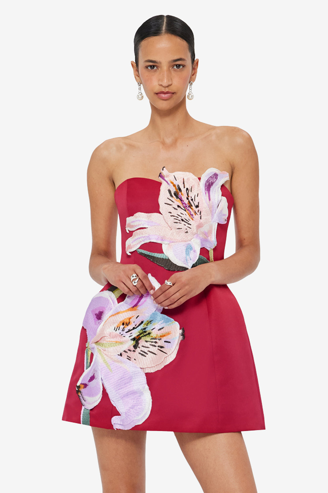 Exclusive LEO LIN Rosario Appliqué Floral Bustier Mini Dress - Lily Print in Oxblood