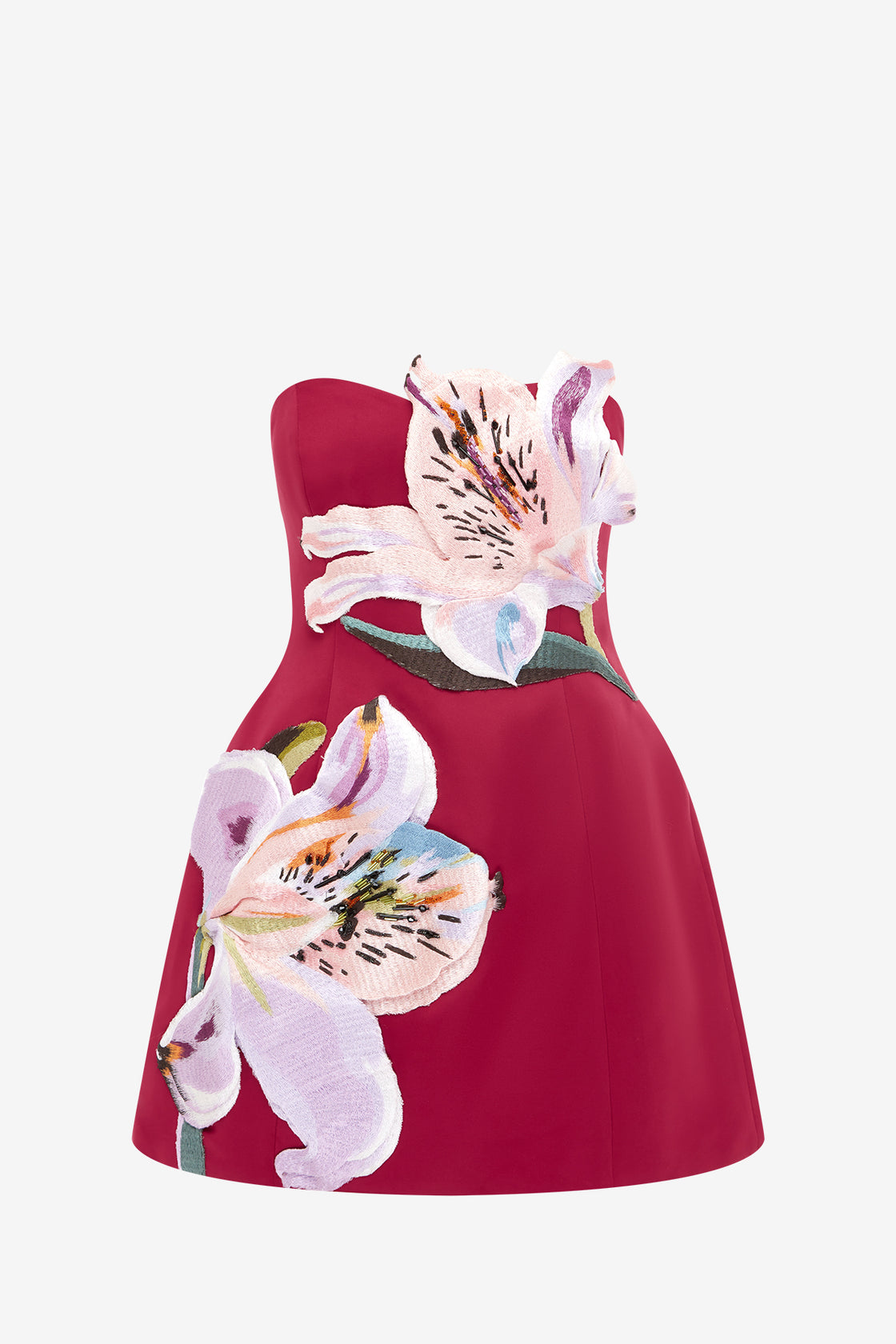 Rosario Appliqu Floral Bustier Mini Dress - Lily Print in Oxblood LEO LIN Rosario Appliqu Floral Bustier Mini Dress - Lily Print in Oxblood LEO LIN