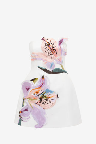 Exclusive LEO LIN Rosario Applique Floral Bustier Mini Dress - Lily Print in Snow