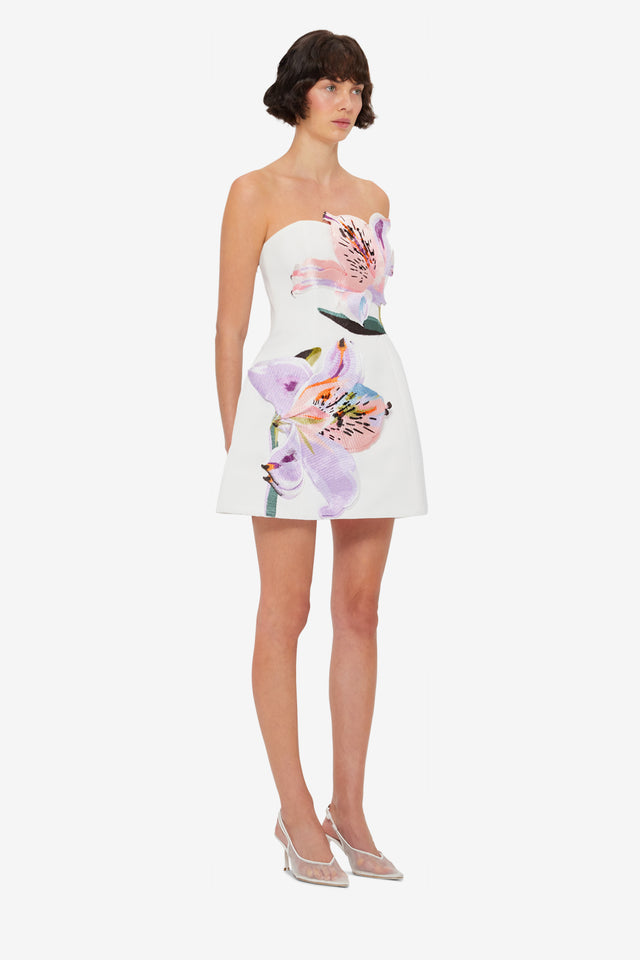Exclusive LEO LIN Rosario Applique Floral Bustier Mini Dress - Lily Print in Snow