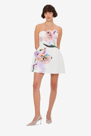 Exclusive LEO LIN Rosario Applique Floral Bustier Mini Dress - Lily Print in Snow