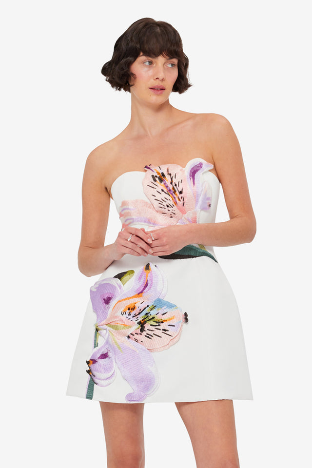 Exclusive LEO LIN Rosario Applique Floral Bustier Mini Dress - Lily Print in Snow