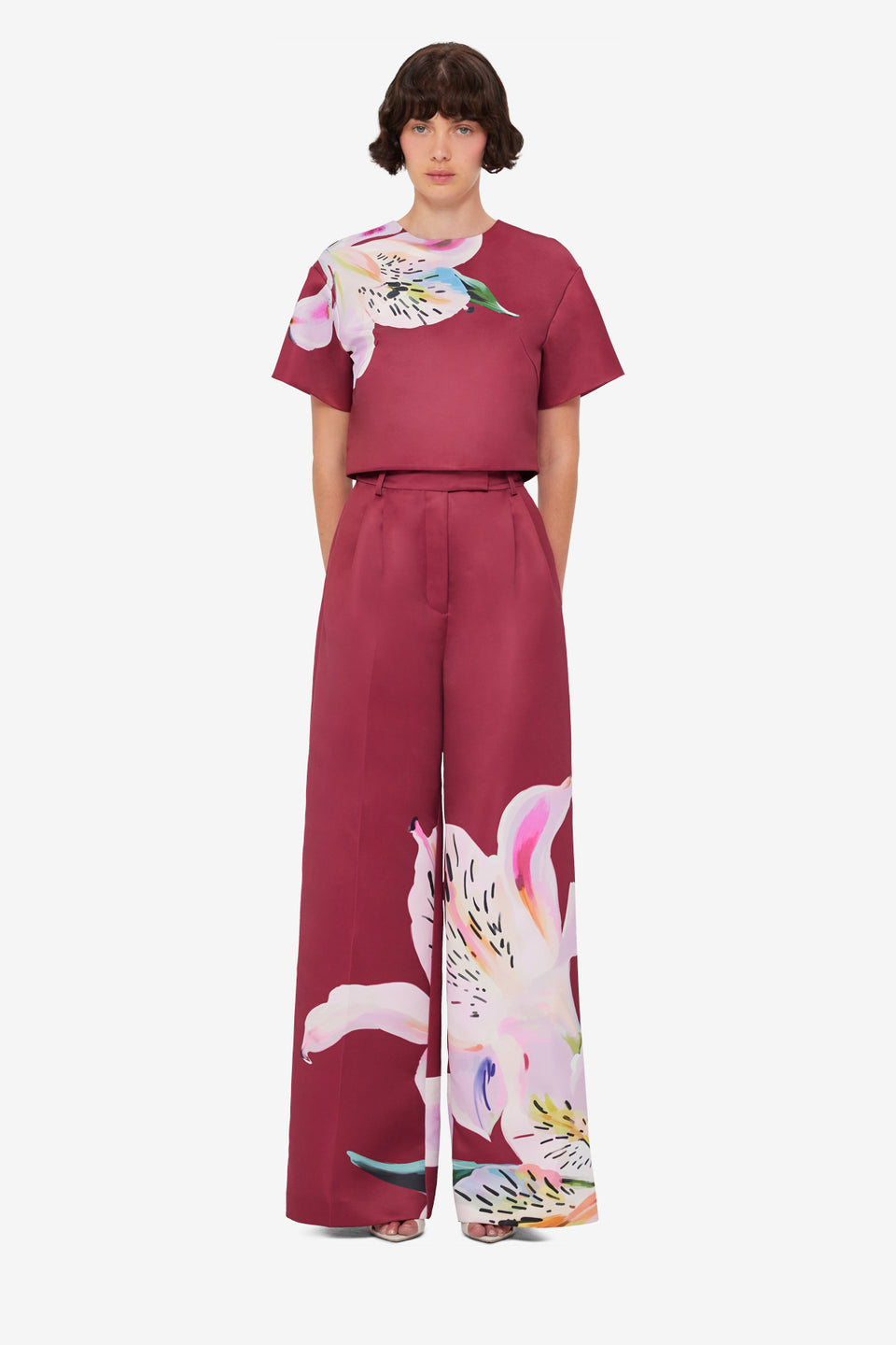 Exclusive LEO LIN Elisha Wide Leg Pants - Lily Print in Burgundy