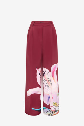 Elisha Wide Leg Pants - Lily Print in Burgundy Pants