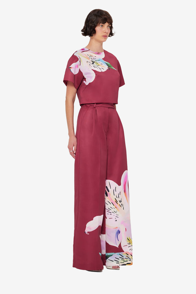 Exclusive LEO LIN Elisha Wide Leg Pants - Lily Print in Burgundy