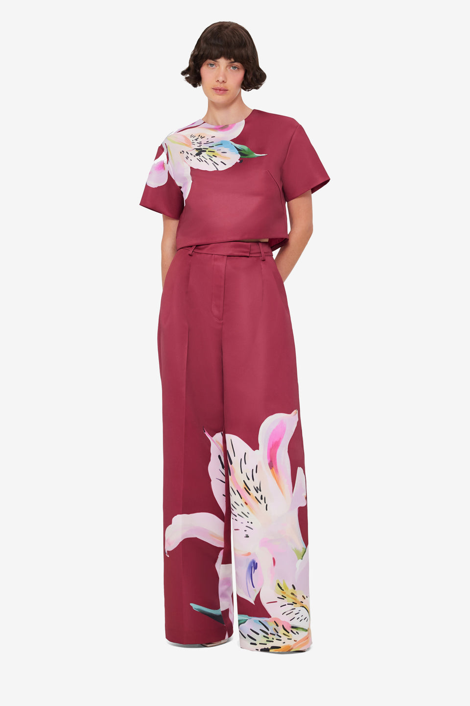 Exclusive LEO LIN Elisha Wide Leg Pants - Lily Print in Burgundy