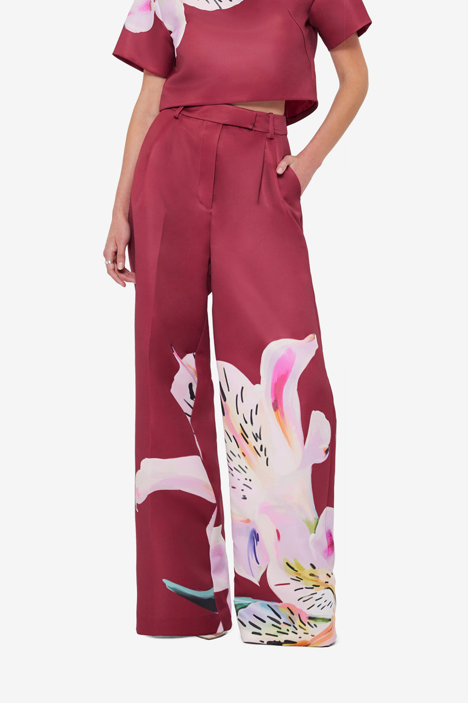 Exclusive LEO LIN Elisha Wide Leg Pants - Lily Print in Burgundy