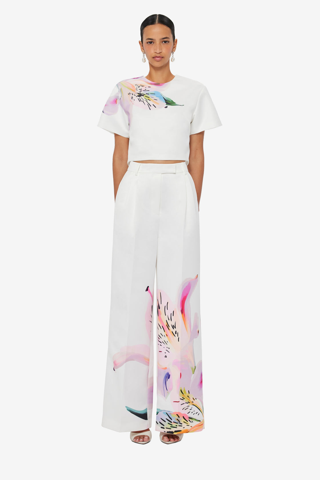 Exclusive LEO LIN Elisha Wide Leg Pants - Lily Print in Snow