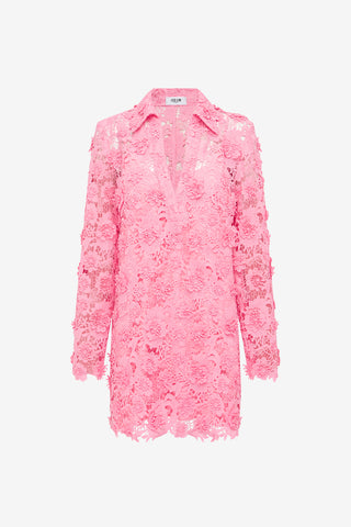 Exclusive LEO LIN Acacia Lace Shirt Mini Dress - Bubblegum