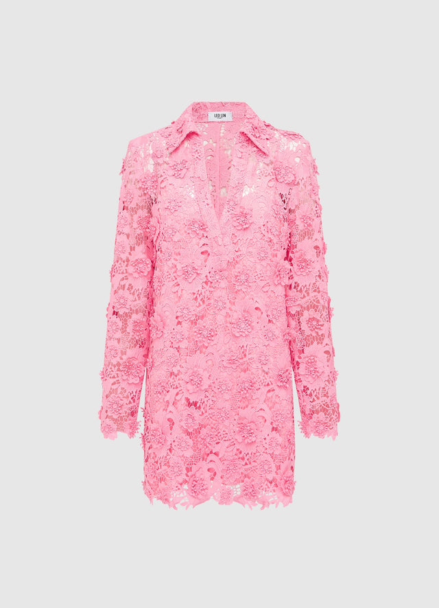 Exclusive LEO LIN Acacia Lace Shirt Mini Dress - Bubblegum