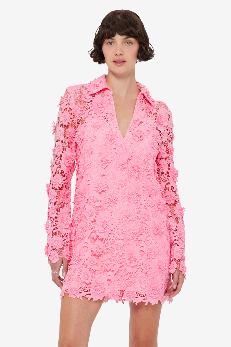 Exclusive LEO LIN Acacia Lace Shirt Mini Dress - Bubblegum