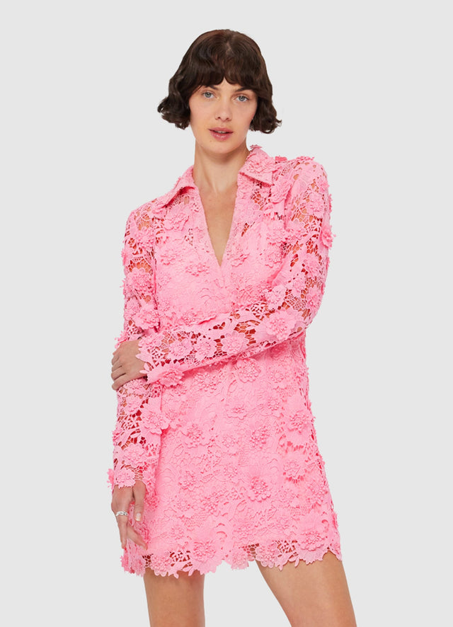 Exclusive LEO LIN Acacia Lace Shirt Mini Dress - Bubblegum