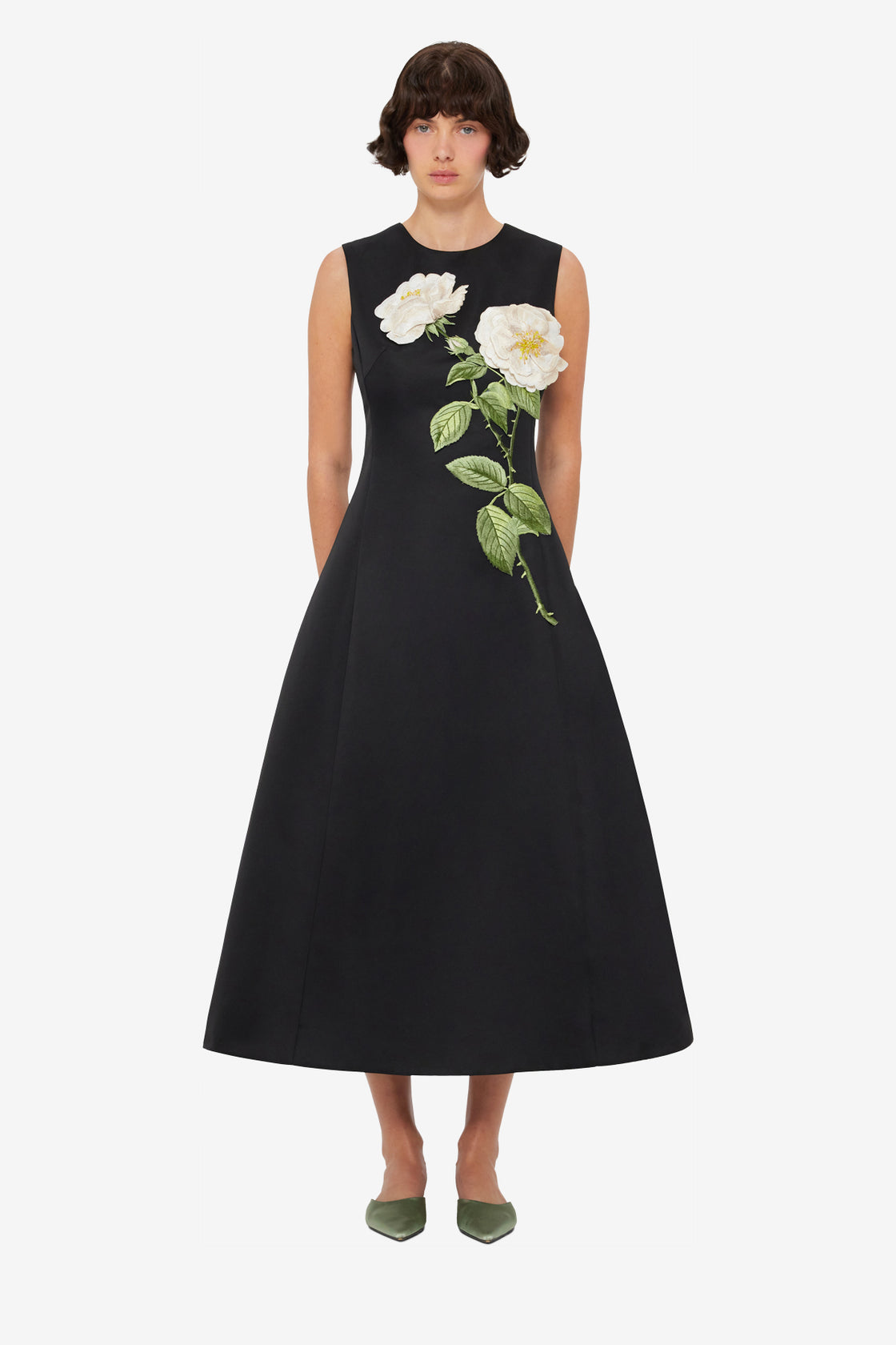 Cleo Embellished Sleeveless Midi Dress - White Rose Print Cleo Embellished Sleeveless Midi Dress - White Rose Print