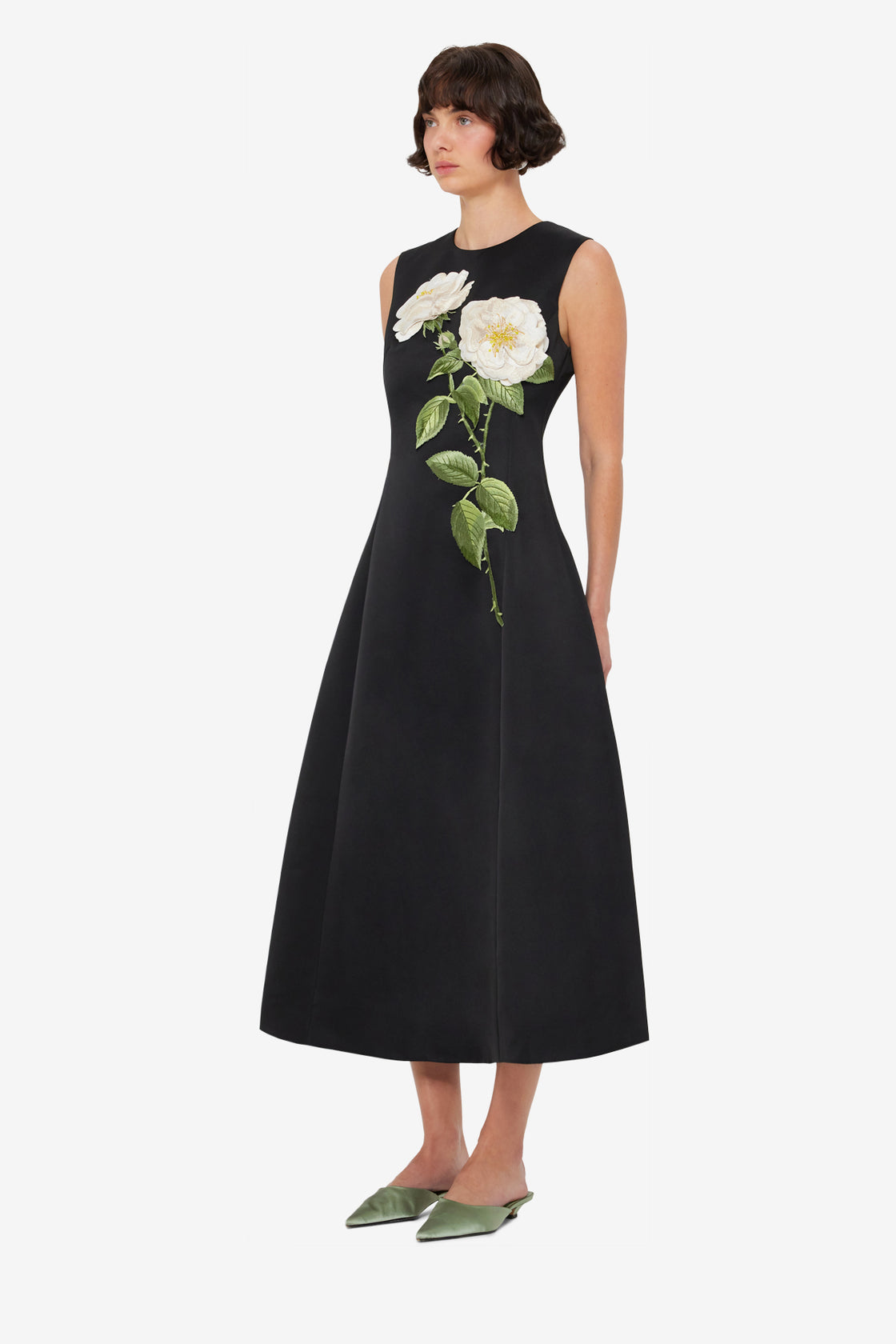 Cleo Embellished Sleeveless Midi Dress - White Rose Print Cleo Embellished Sleeveless Midi Dress - White Rose Print