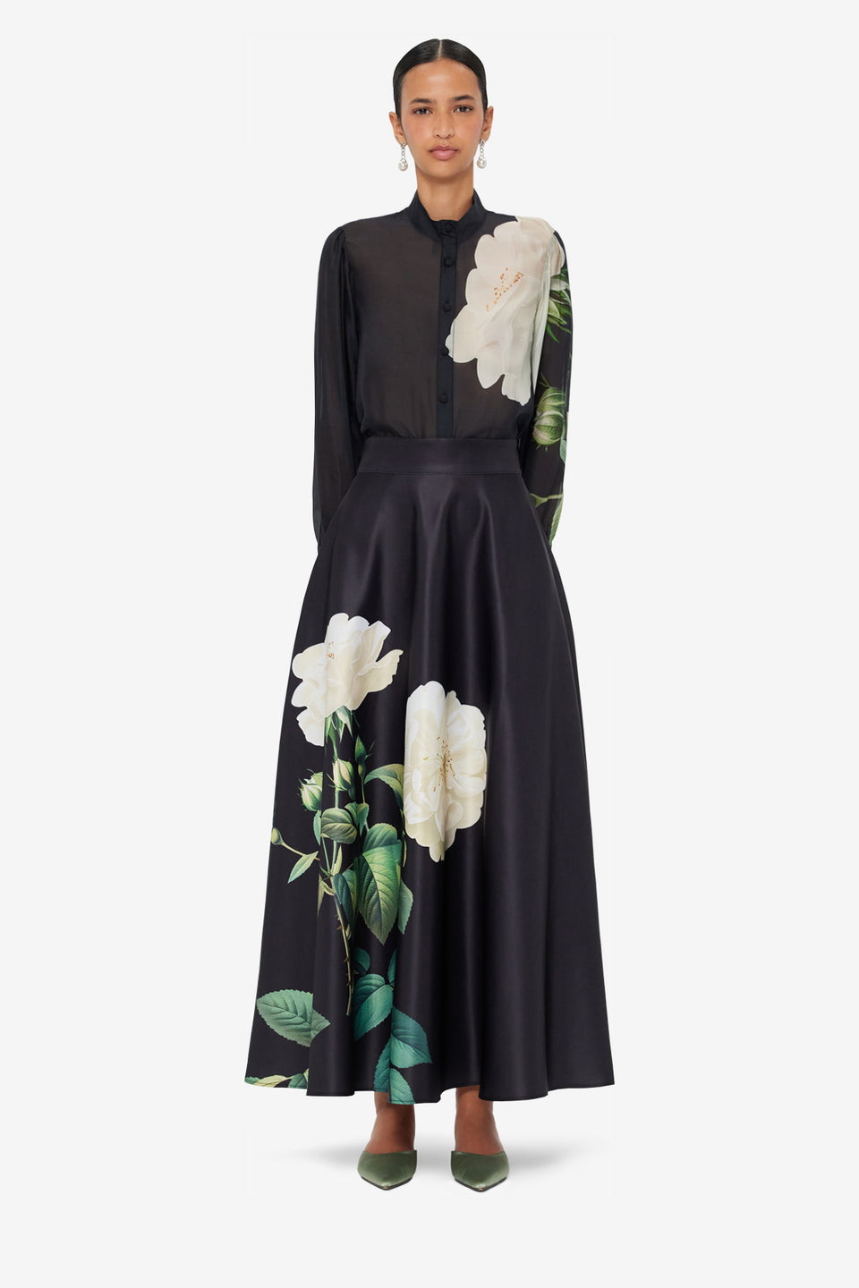 Exclusive LEO LIN Rosalyn Maxi Skirt - White Rose Print