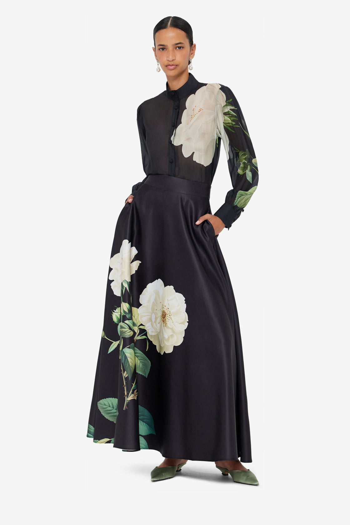 Exclusive LEO LIN Rosalyn Maxi Skirt - White Rose Print