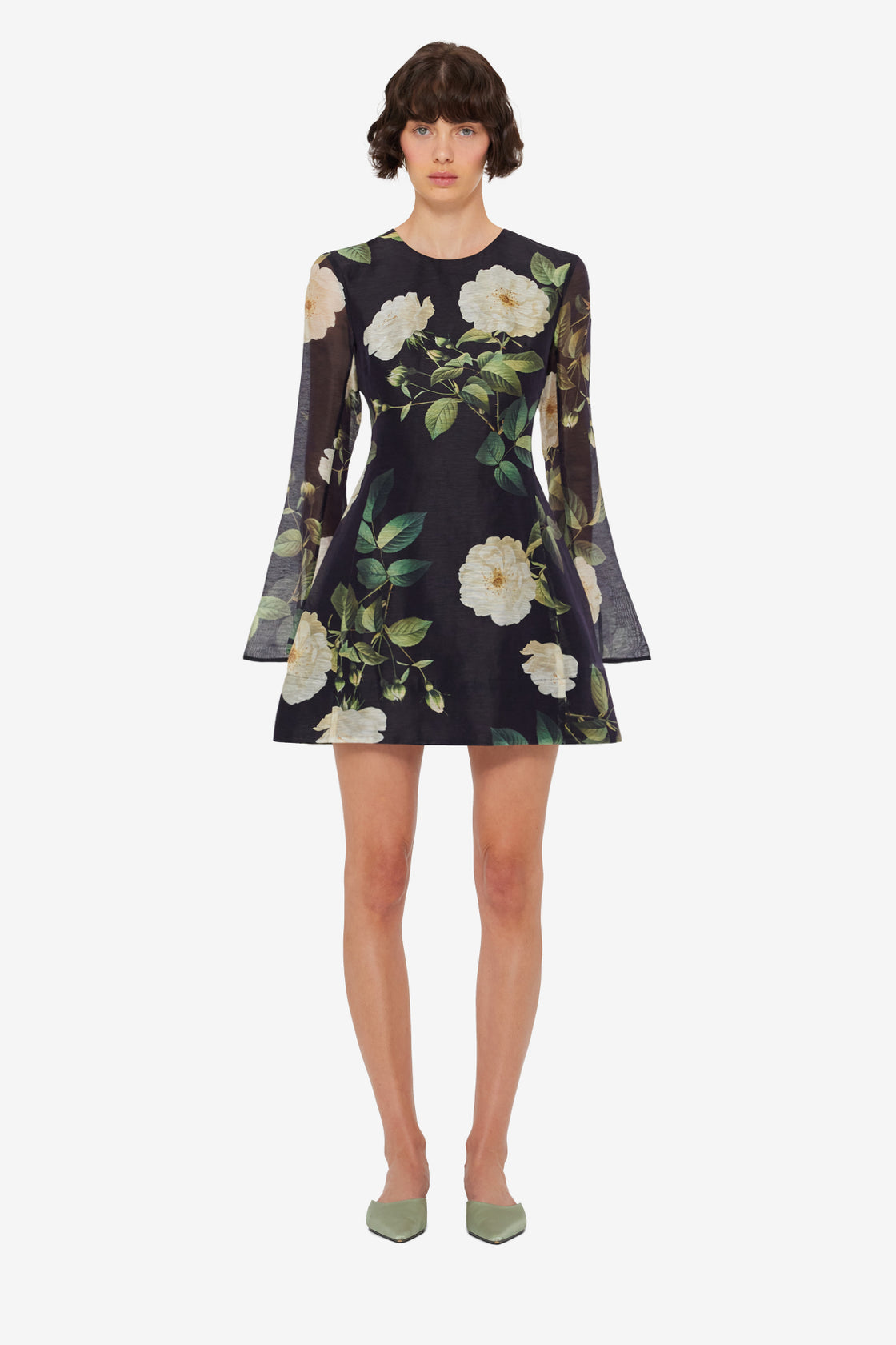 Exclusive LEO LIN Suzanne Bell Sleeve Mini Dress - White Rose Print