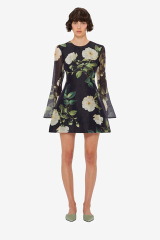 Exclusive LEO LIN Suzanne Bell Sleeve Mini Dress - White Rose Print