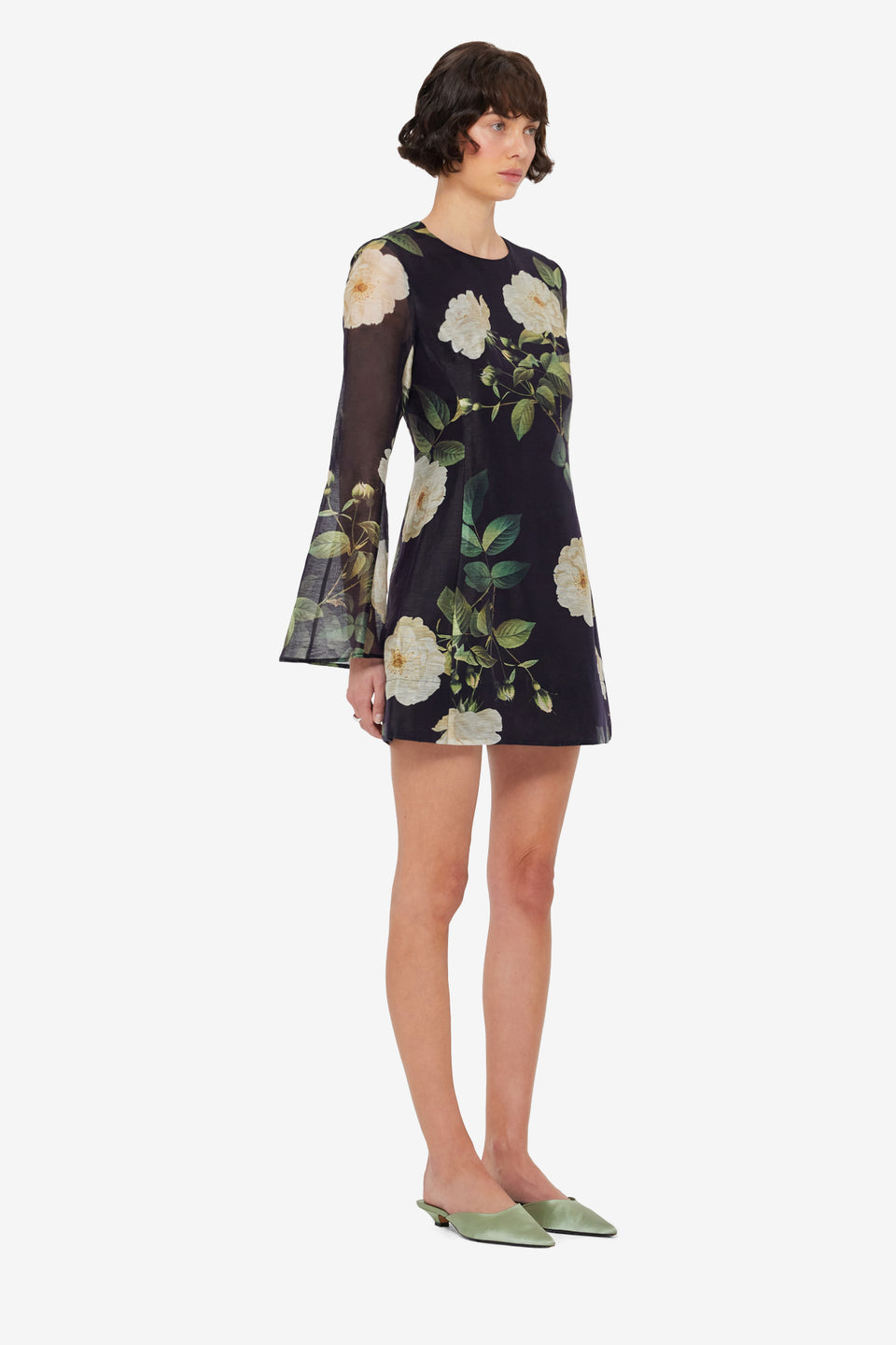 Exclusive LEO LIN Suzanne Bell Sleeve Mini Dress - White Rose Print