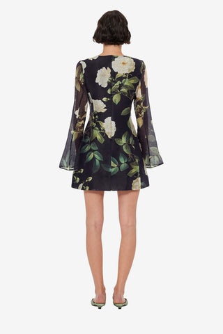 Exclusive LEO LIN Suzanne Bell Sleeve Mini Dress - White Rose Print
