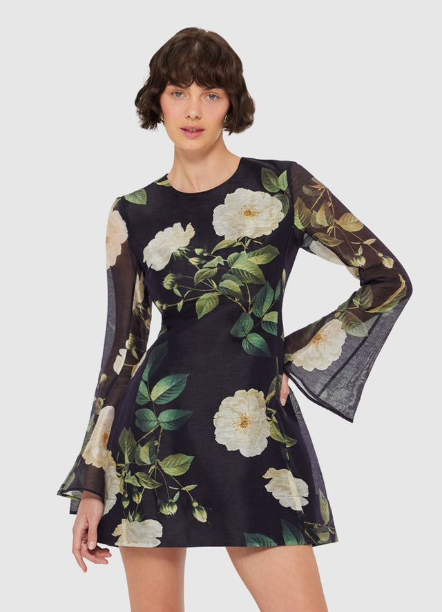 Exclusive LEO LIN Suzanne Bell Sleeve Mini Dress - White Rose Print