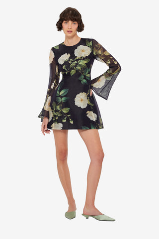 Exclusive LEO LIN Suzanne Bell Sleeve Mini Dress - White Rose Print
