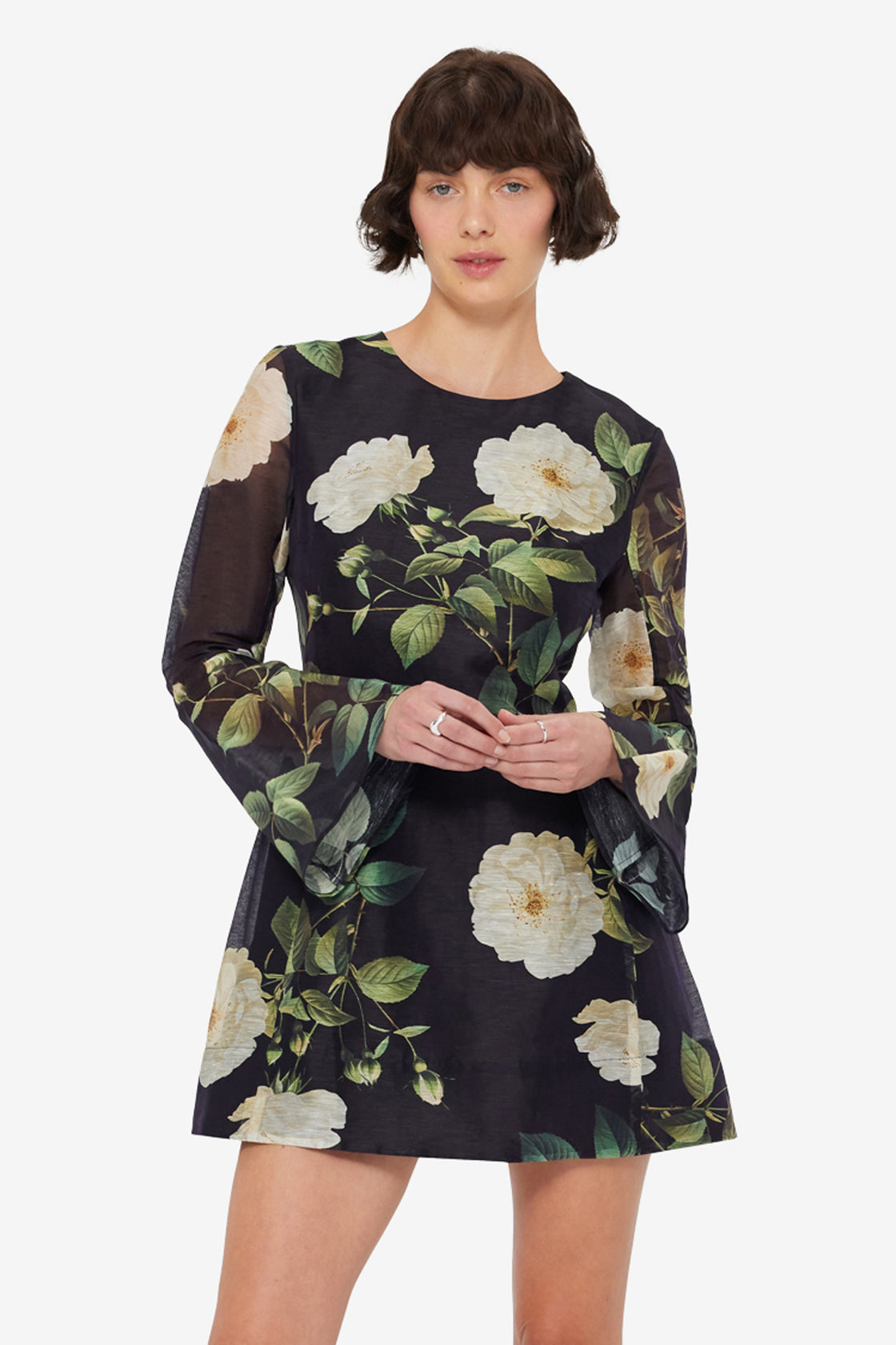 Exclusive LEO LIN Suzanne Bell Sleeve Mini Dress - White Rose Print