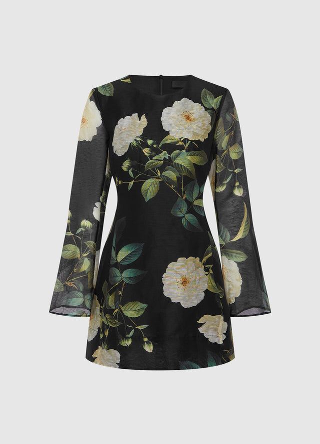 Exclusive LEO LIN Suzanne Bell Sleeve Mini Dress - White Rose Print