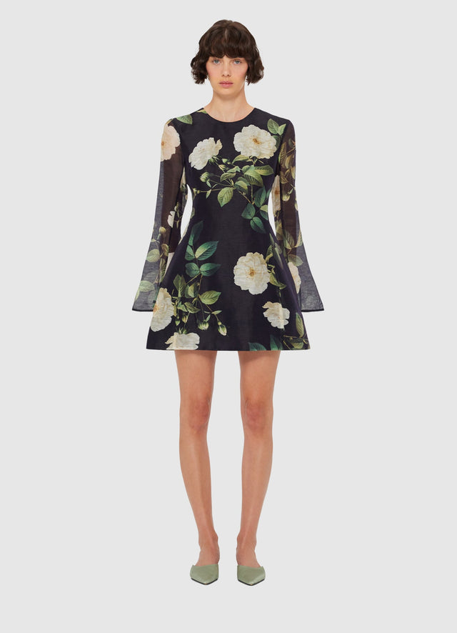 Exclusive LEO LIN Suzanne Bell Sleeve Mini Dress - White Rose Print