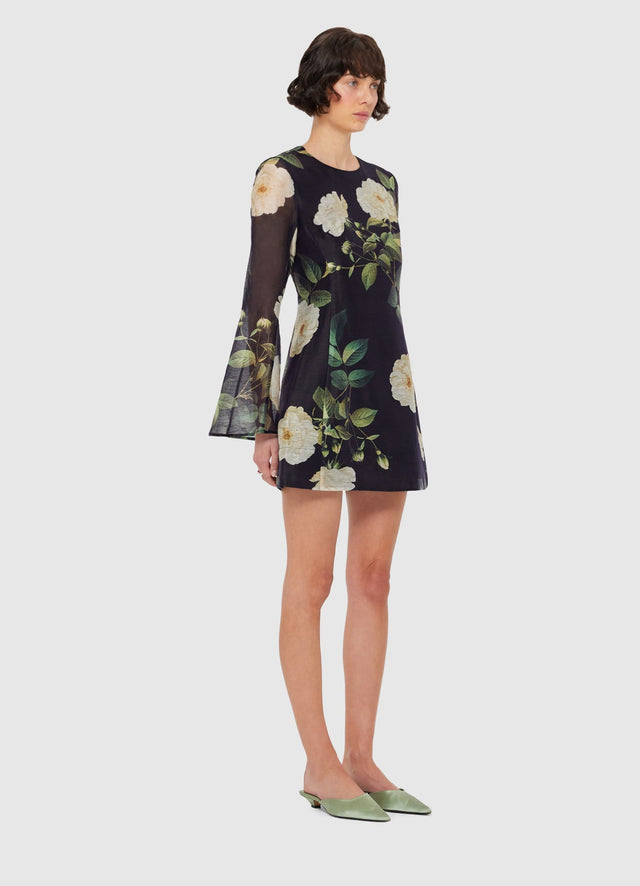 Exclusive LEO LIN Suzanne Bell Sleeve Mini Dress - White Rose Print