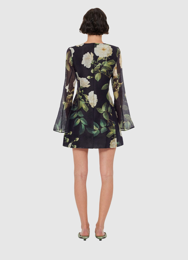 Exclusive LEO LIN Suzanne Bell Sleeve Mini Dress - White Rose Print