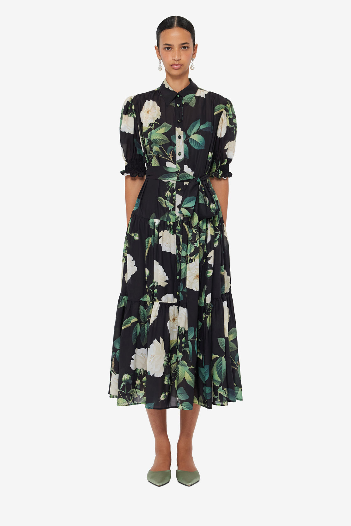 Exclusive LEO LIN Ellie Bishop Sleeve Midi Dress - White Rose Print