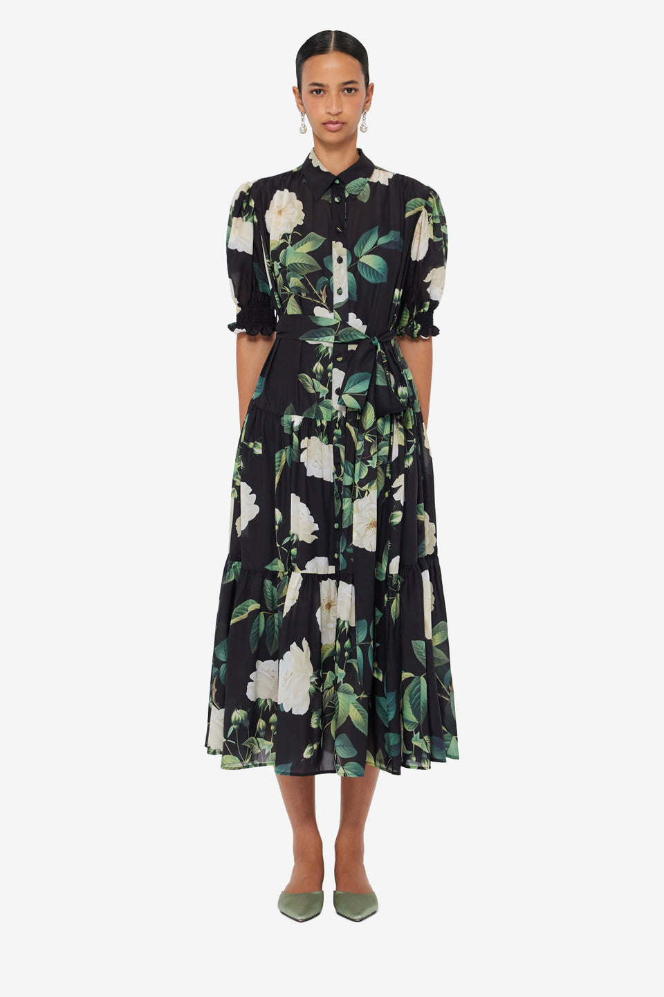Exclusive LEO LIN Ellie Bishop Sleeve Midi Dress - White Rose Print