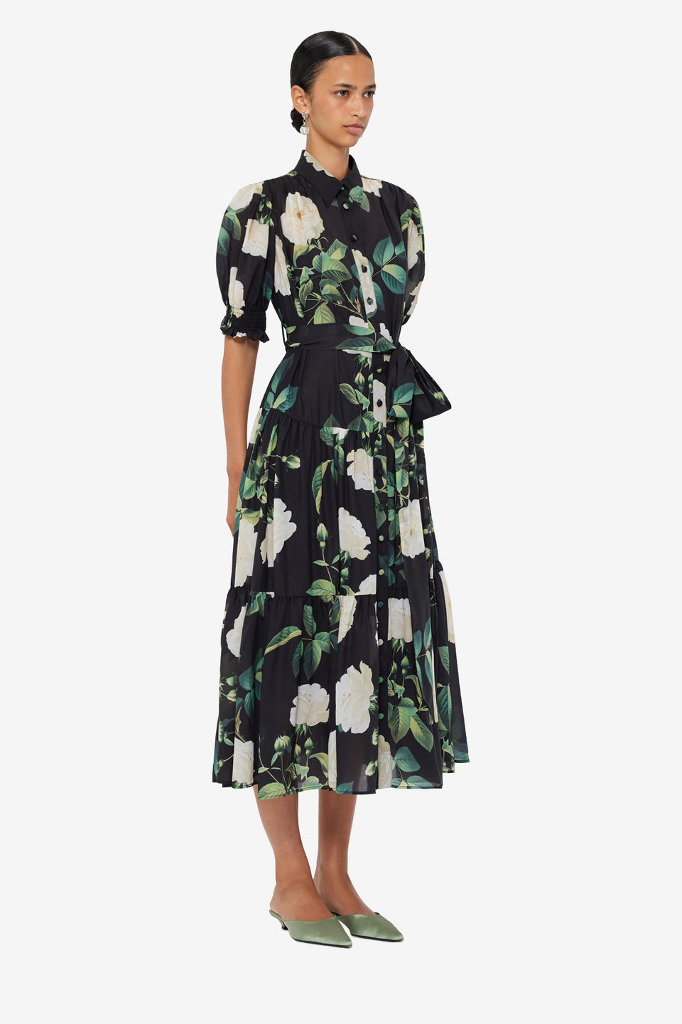 Exclusive LEO LIN Ellie Bishop Sleeve Midi Dress - White Rose Print