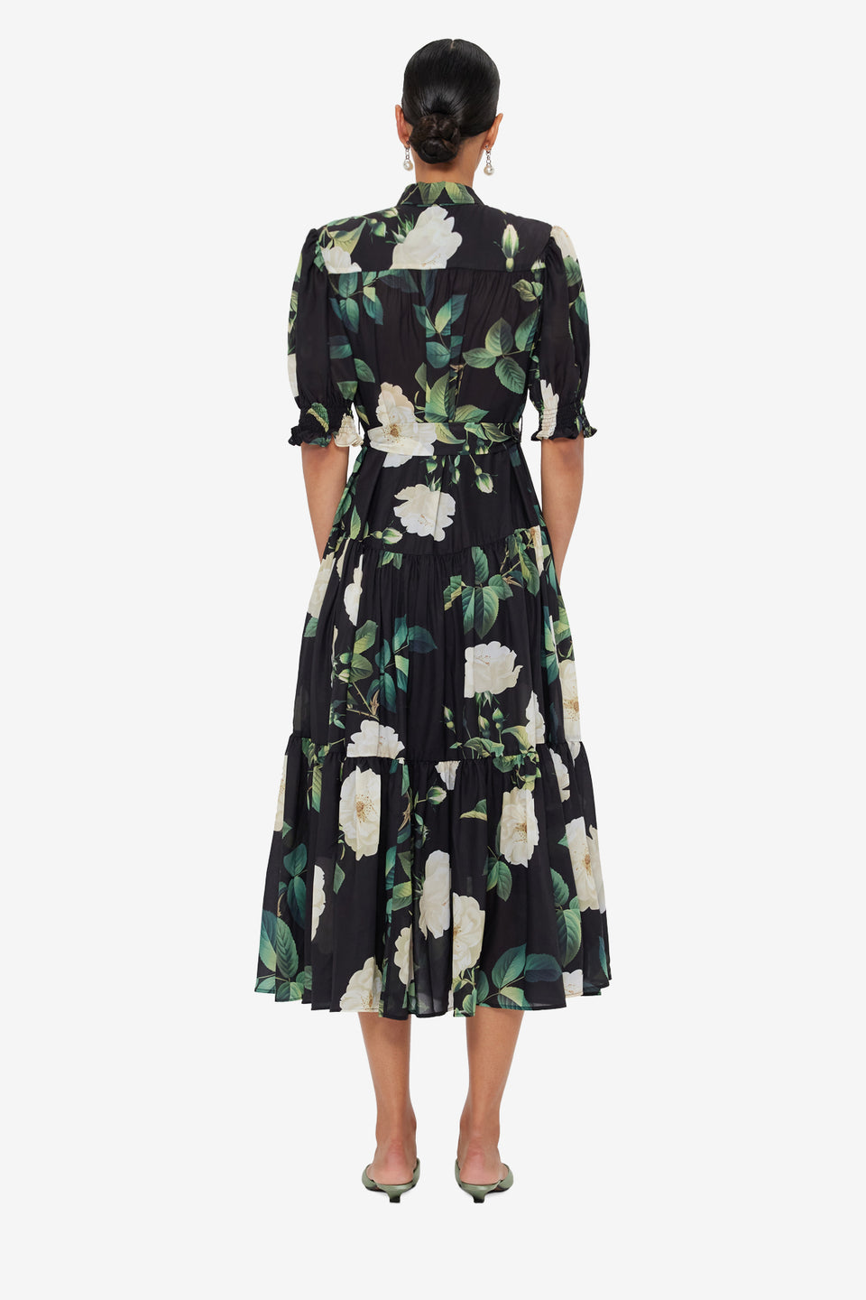 Exclusive LEO LIN Ellie Bishop Sleeve Midi Dress - White Rose Print