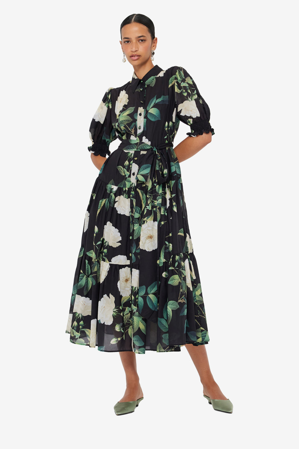 Exclusive LEO LIN Ellie Bishop Sleeve Midi Dress - White Rose Print