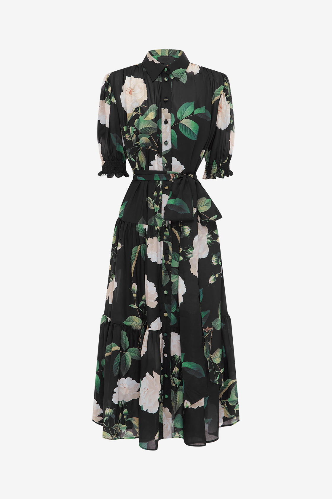 Exclusive LEO LIN Ellie Bishop Sleeve Midi Dress - White Rose Print