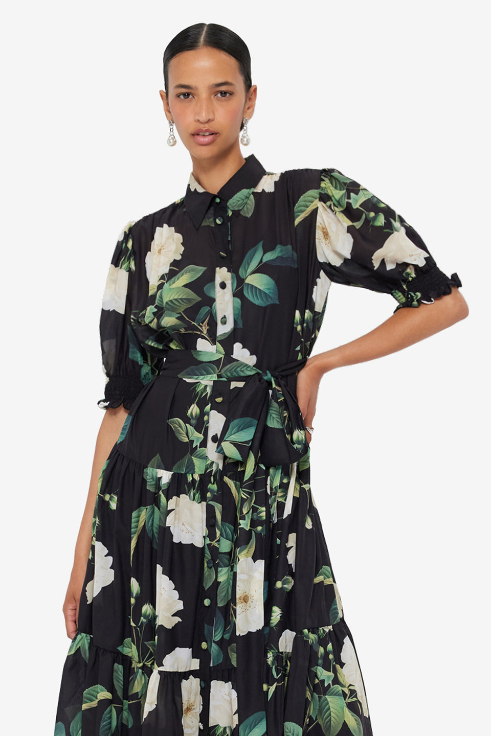Exclusive LEO LIN Ellie Bishop Sleeve Midi Dress - White Rose Print