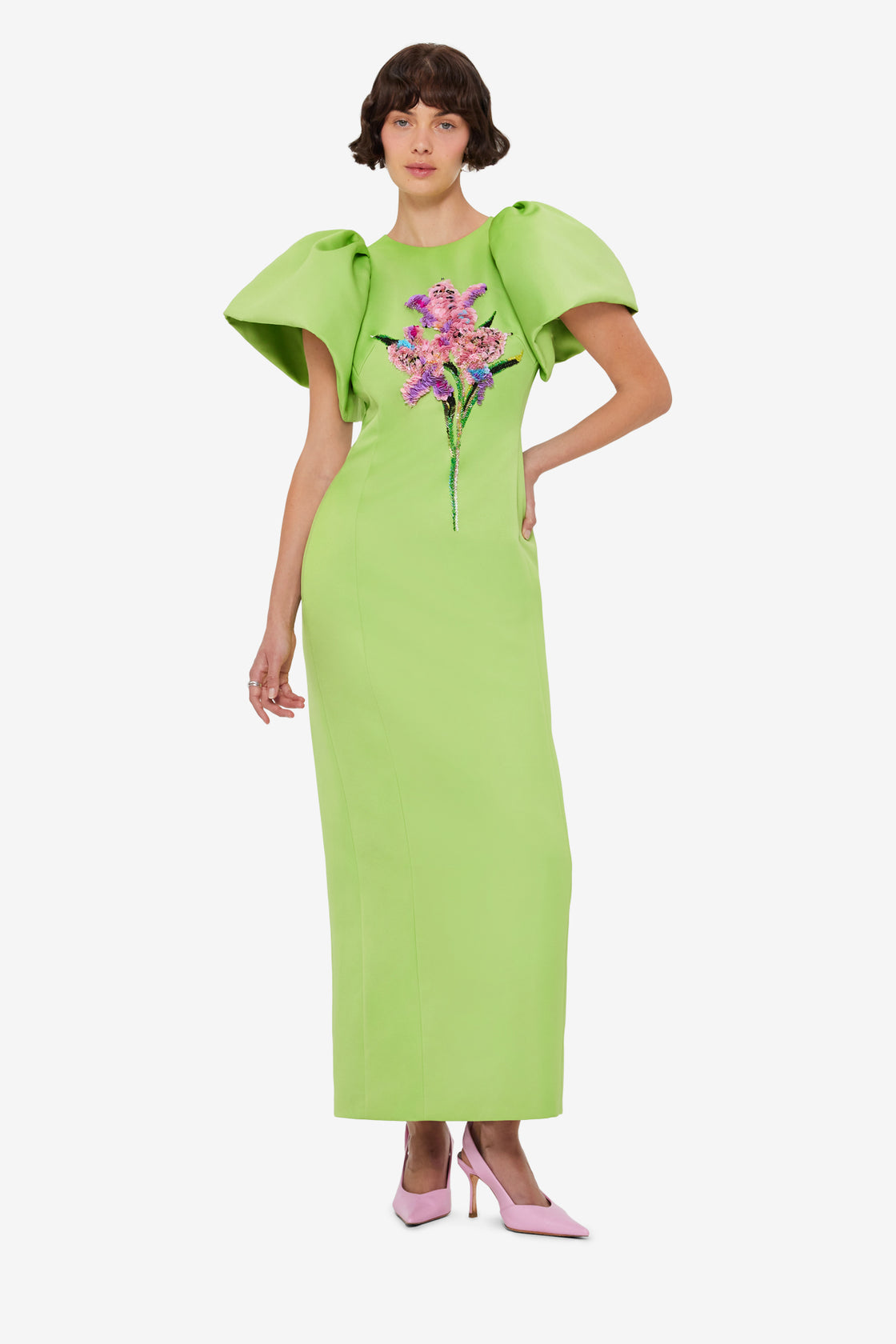 Exclusive LEO LIN Lucinda Embellished Maxi Dress in Lily Print in Parakeet