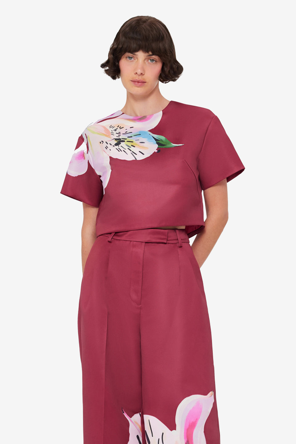 Exclusive LEO LIN Indie Sleeve Top - Lily Print in Burgundy