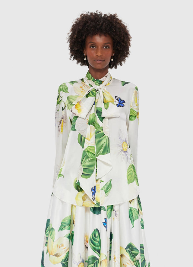 Exclusive LEO LIN Freya Tie Neck Silk Blouse - Joie Print in Snow