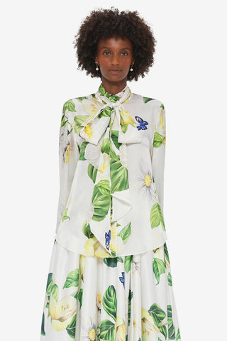 Exclusive LEO LIN Freya Tie Neck Silk Blouse - Joie Print in Snow