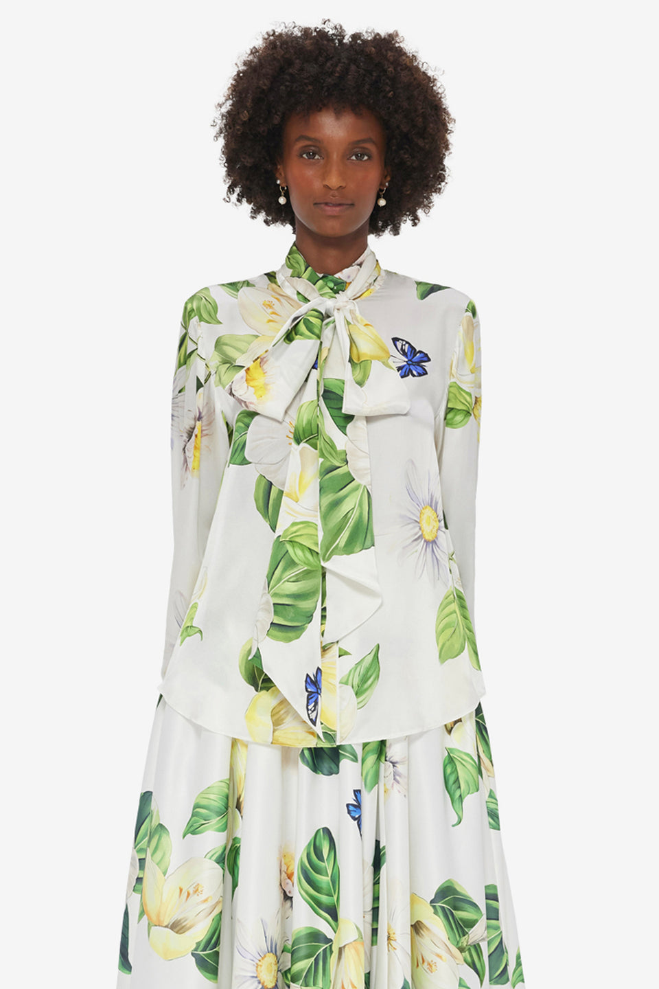 Exclusive LEO LIN Freya Tie Neck Silk Blouse - Joie Print in Snow