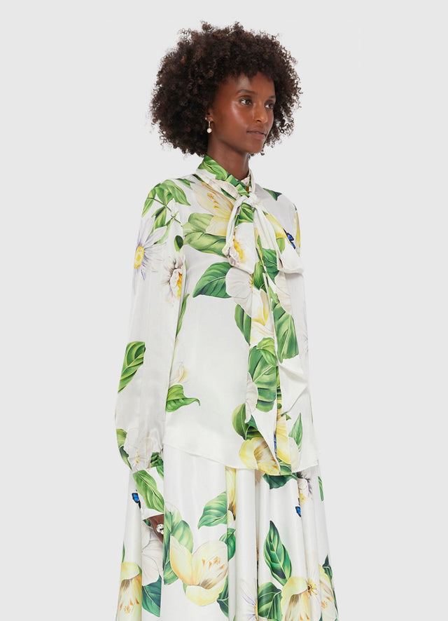 Exclusive LEO LIN Freya Tie Neck Silk Blouse - Joie Print in Snow
