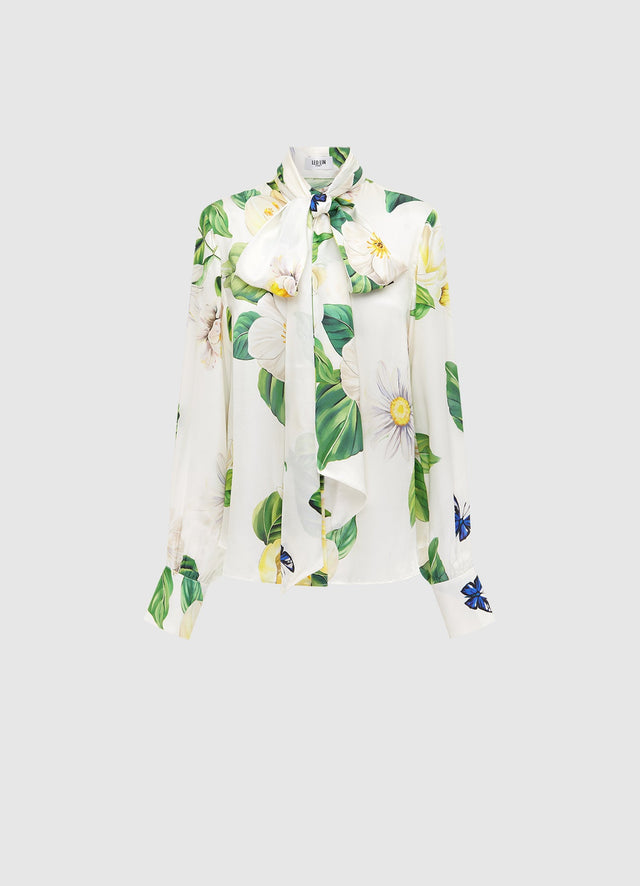 Exclusive LEO LIN Freya Tie Neck Silk Blouse - Joie Print in Snow