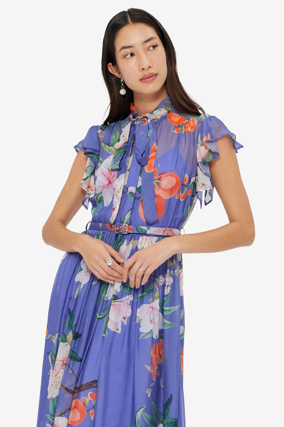 Exclusive LEO LIN Grace Flutter Sleeve Midi Dress - Lavish Print in Moonlight