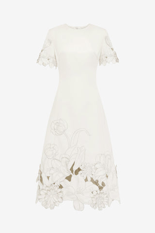 Exclusive LEO LIN Caroline Appliqué Short Sleeve Midi Dress - Ivory