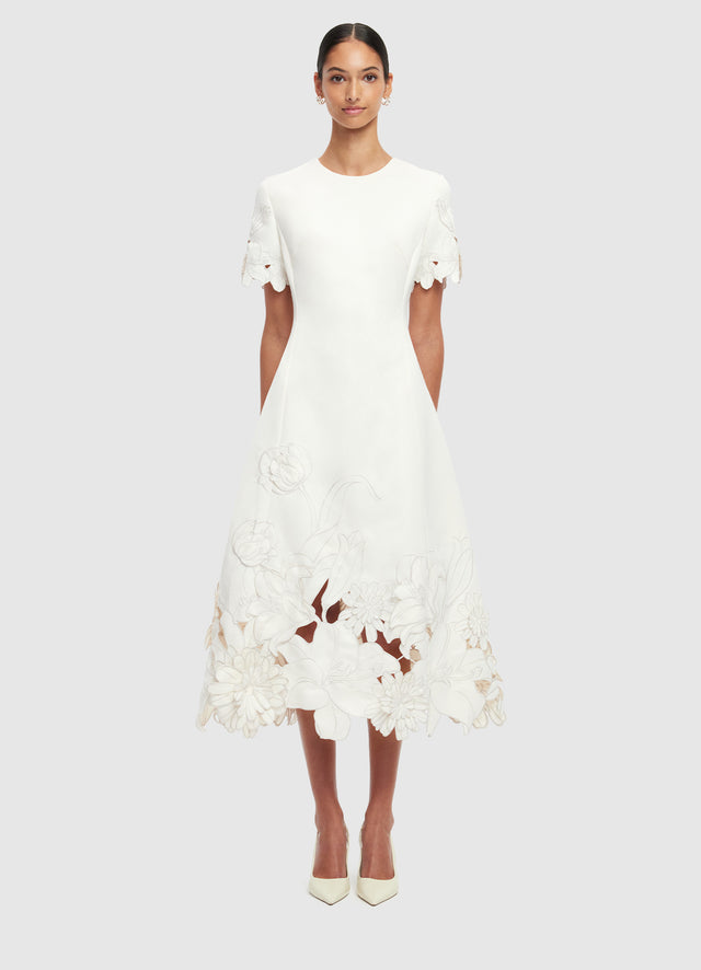 Exclusive LEO LIN Caroline Appliqué Short Sleeve Midi Dress - Ivory